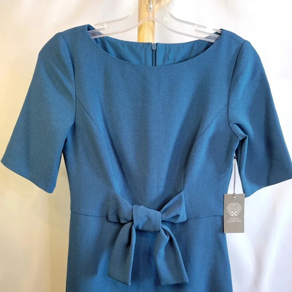 NWT Vince Camuto Bluegreen Dress with Bow short sleeves zipper  back size 4 - Picture 4 of 12